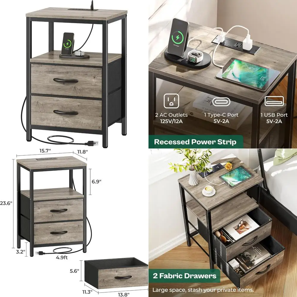 

spacious fabric nightstand with charging dock, drawers, and open shelf end table