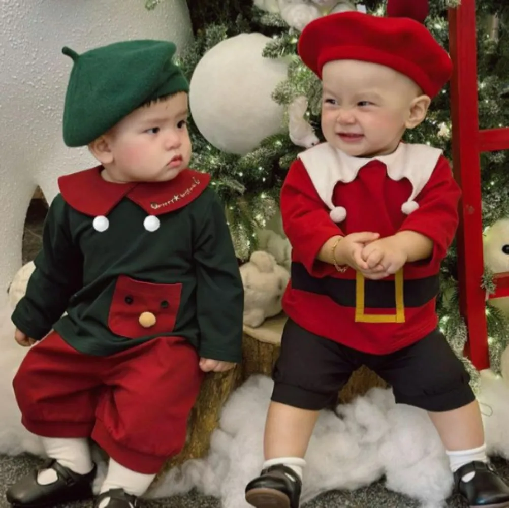 

Christmas Baby Clothes Set Korean Style Long Sleeve Red Green Outfit for Boys Girls Cotton Infant Toddler Holiday Party Suit