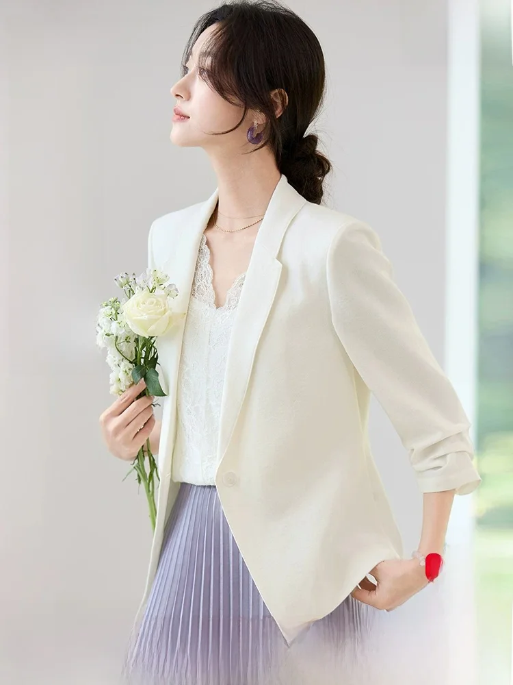 

Spring Commute Women's Jacket One Button Shoulder Pad Seven Sleeve Loose Slimming Suit Japanese Style V-Neck Fiber Material