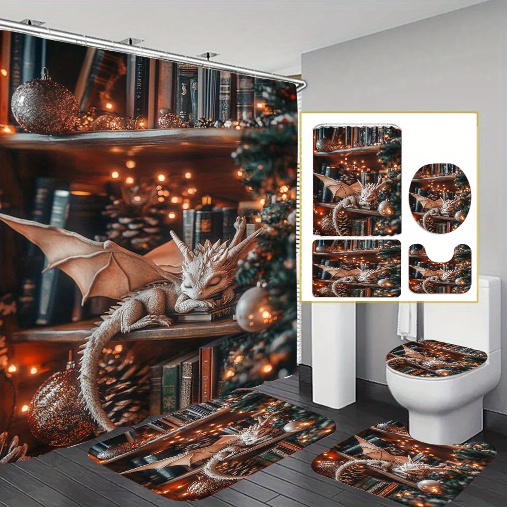 

4 шт., набор занавесок для душа с принтом рождественского дракона, нескользящим ковриком и чехлом для унитаза, для декора фермерского дома