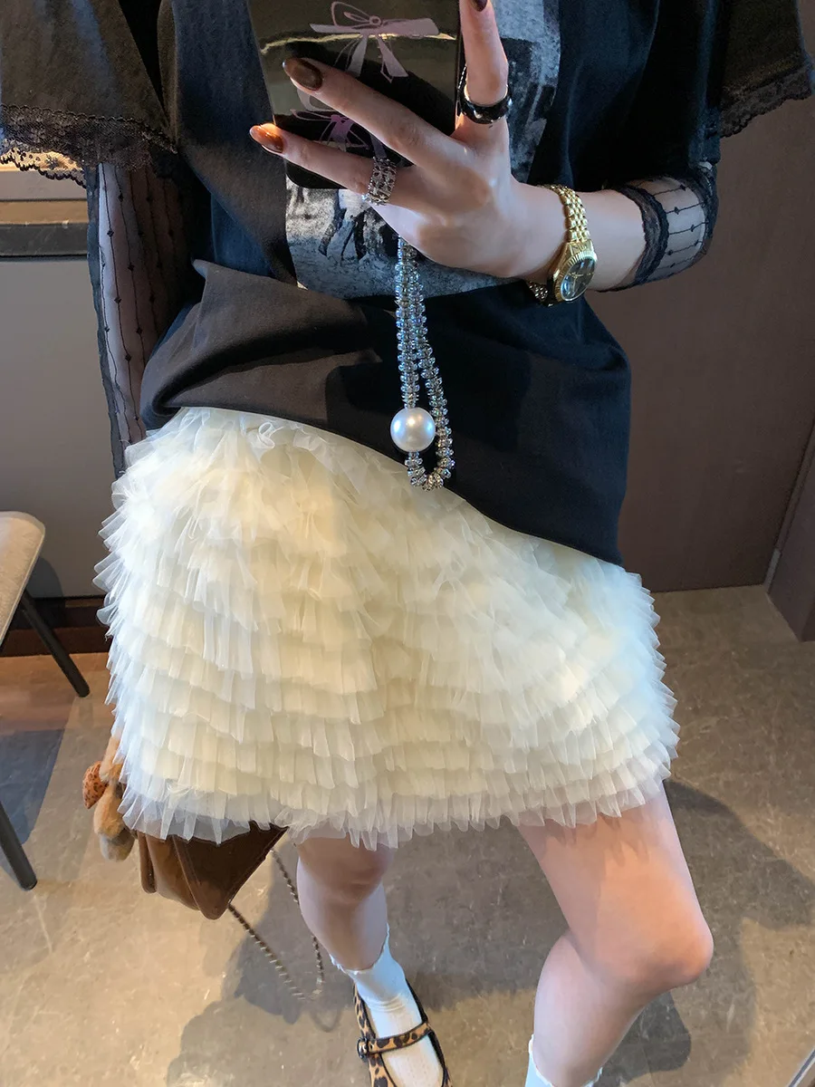 

Early spring new Korean style age reducing girl style elastic high waisted mesh cake A-line short skirt