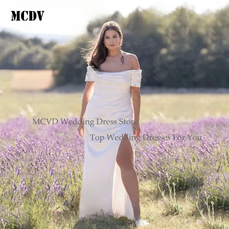 

MCDV Mermaid Satin Wedding Dress Plus Size Side Split V Neck Off Shoulder Bride Gowns with Buttons Customizable
