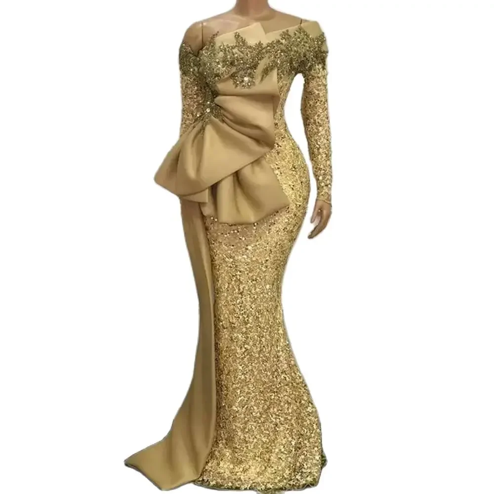 African Woman Plus Size Evening Dresses Lace Long Sleeves Mermaid Glitter Gold Party Dress Sequins Applique Bow Waist Prom Gowns image 2