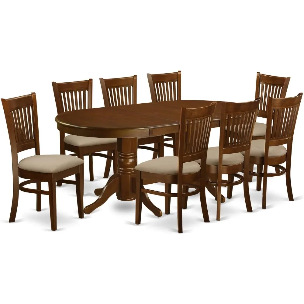 9 Piece Modern Dining Table Set Includes an Oval Wooden Table with Butterfly Leaf and 8 Linen