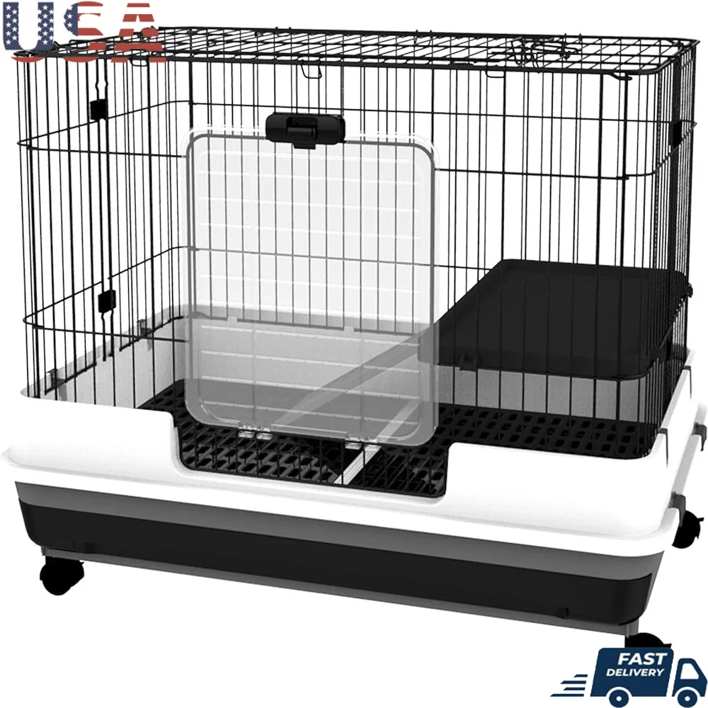 

2-Level Rabbit Hutch Small Animal Cage with Rolling Wheels Removable Tray Platform Ramp Chinchilla Ferret Indoor Pets