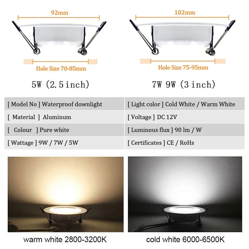 DC12V LED Spot Downlights Waterproof IP65 Lamp Ceiling Recessed 5W 7W 9W Safety Voltage for Bathroom White Color Spotlight