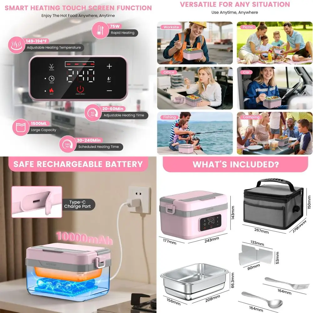 

Перезаряжаемый самонагревающийся ланч-бокс мощностью 75 Вт, чашки из нержавеющей стали на 6,3 чашки, портативный обогреватель для офиса, пикника, автомобиля, на открытом воздухе (розовый)