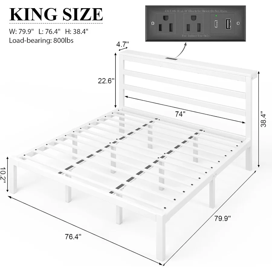 إطار سرير بحجم كينج مع لوح رأسي للتخزين وسرير بمنصة صناعية مع محطة شحن وأضواء LED ومساحة تخزين تحت السرير #2