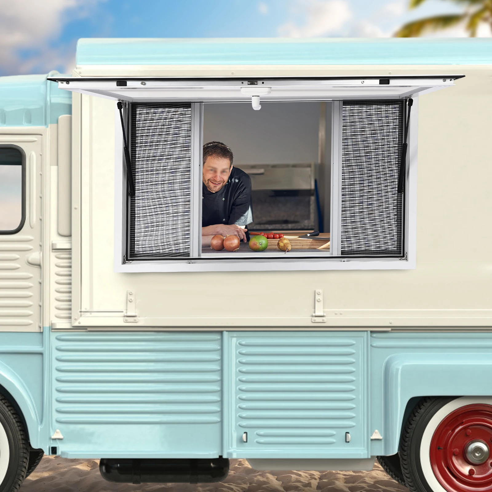 Ventana de concesión comercial Ventana profesional para camiones de alimentos Diseño de pantalla deslizante de 4 con malla de 1,5 mm para cocinas móviles y camiones de comida