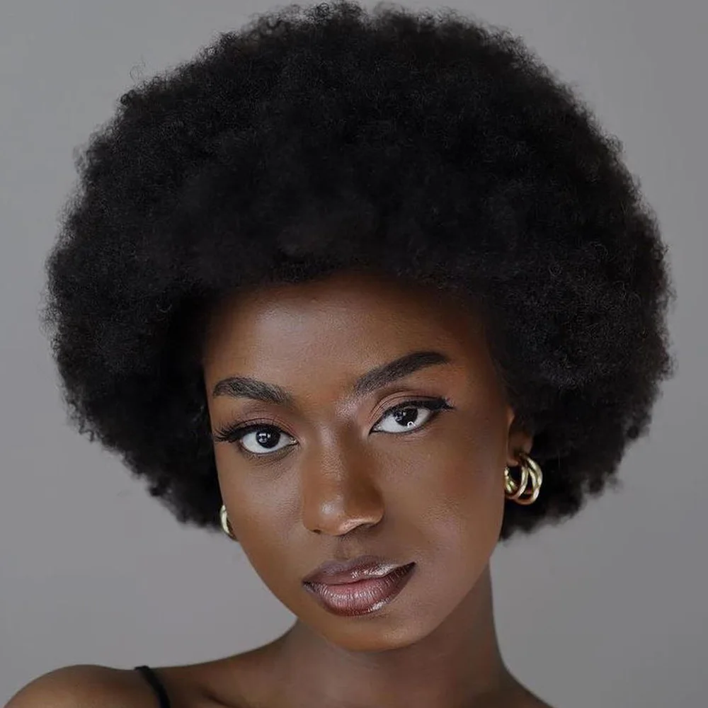 Peruki z ludzkich włosów afro, puszyste, kręcone, peruki z ludzkich włosów dla kobiet, peruka afro pixie cut, peruki wykonane maszynowo, peruki brazylijskie z ludzkich włosów.