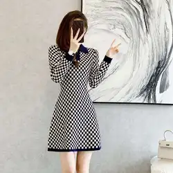 #0959 Spring Autumn Plaid Knitted Dress Women Polo Collar Office A-line Sweater Dress Sexy Office Short Dress Female High Waist