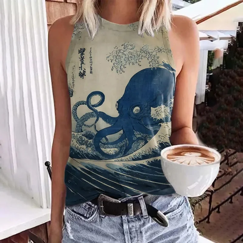 Rainbow Tie-dye Octopus Art Print Crew Neck Tank Top Summer Women's Casual Vest