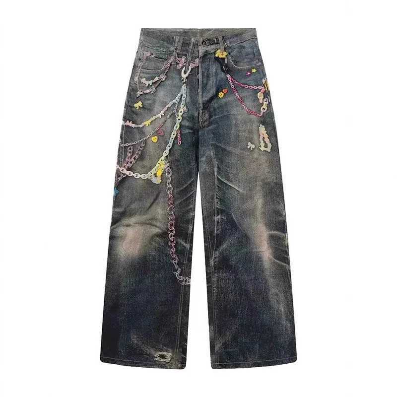 WTHT แฟชั่น 2025 ฤดูร้อนผู้ชาย Spliced CHAIN DO Pld ออกแบบ DENIM กางเกง VINTAGE High Street ตรงกางเกงยีนส์ขากว้างชาย 2A1109