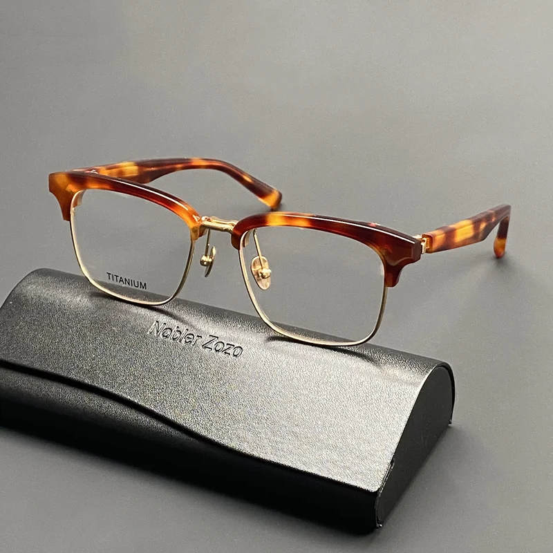 High quality clamshell half-frame glasses Men's prescription glasses are made with pure titanium square acetate optical frames