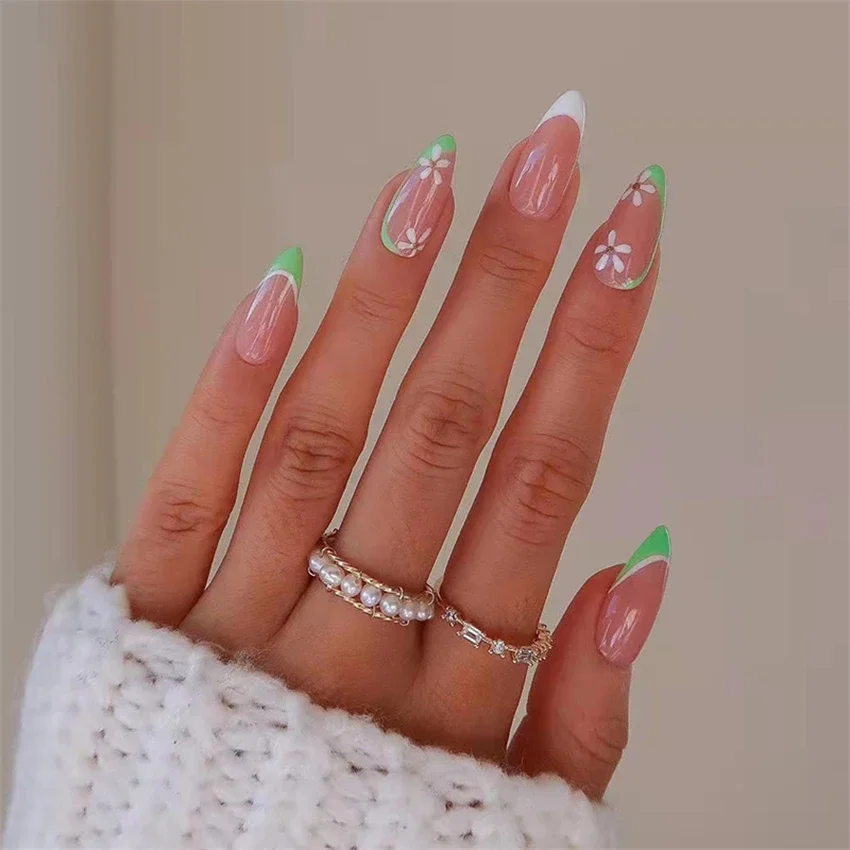 

24Pcs/Set French Green Small Flower Press on Nail Simple Design Fresh Wearing False Nails Full Coverage Adhesive Fake Nails Tips