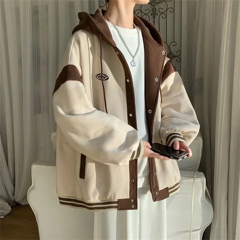 

Y2k Fashion Hooded Sweatshirt For Women Thin Loose Patchwork Single Breasted Hoodies With Pocket Female Baseball Cardigan Jacket