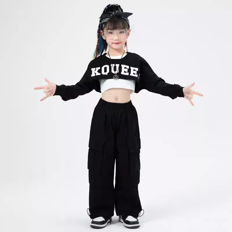 Roupas de dança de jazz para meninas de K-pop, mangas compridas, calças pretas, roupas de hip hop infantis, bl11458