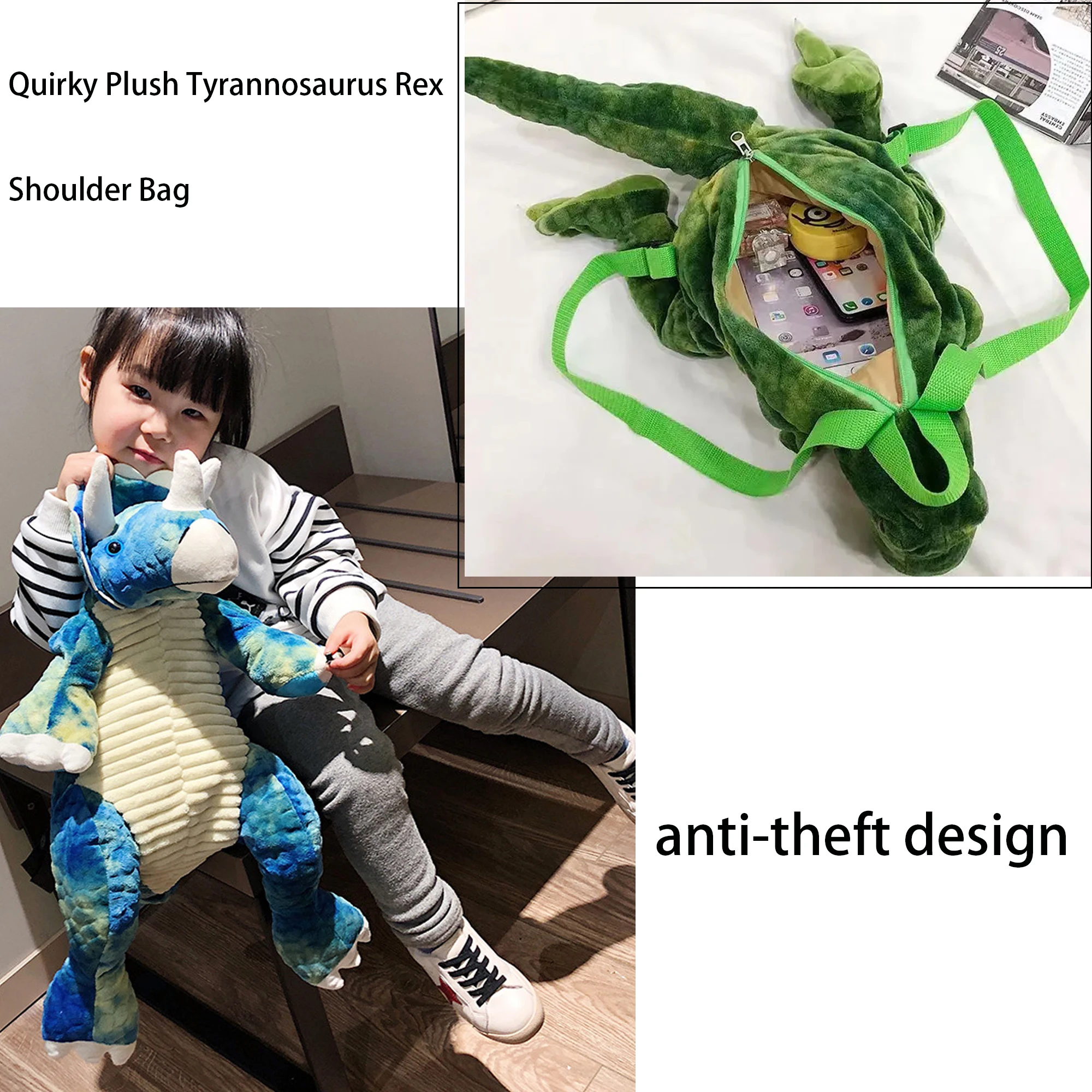 Plush Tyrannosaurus Rex Shoulder Bag, anti-theft design, coolest dinosaur backpack, plush Tyrannosaurus Rex that can be carried