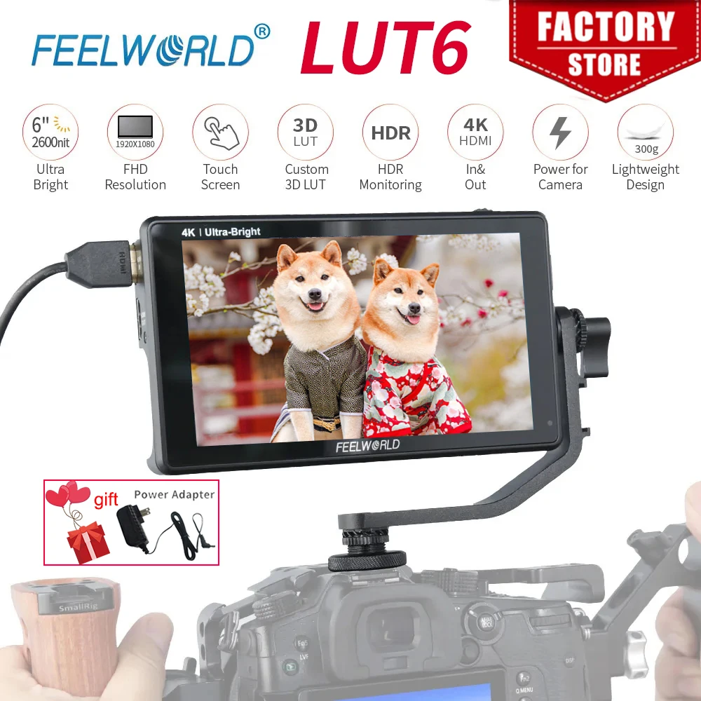 FEELWORLD LUT6 6 Inch Ultra Bright 2600nits HDR 3D LUT Touch Screen Field DSLR Monitor 4K HDMI Full HD 1920x1080 IPS for Camera