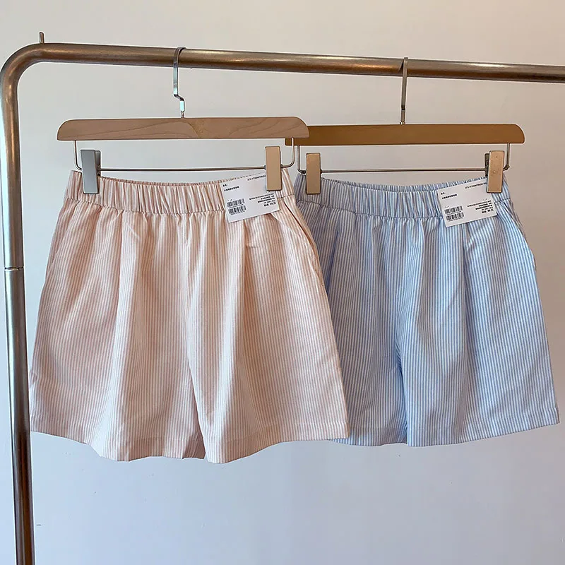 Classic Cotton Casual Shorts For Women 2025 Summer New Style Elastic Waist Loose Fit Wide Stripe A-line Wide-leg Pants