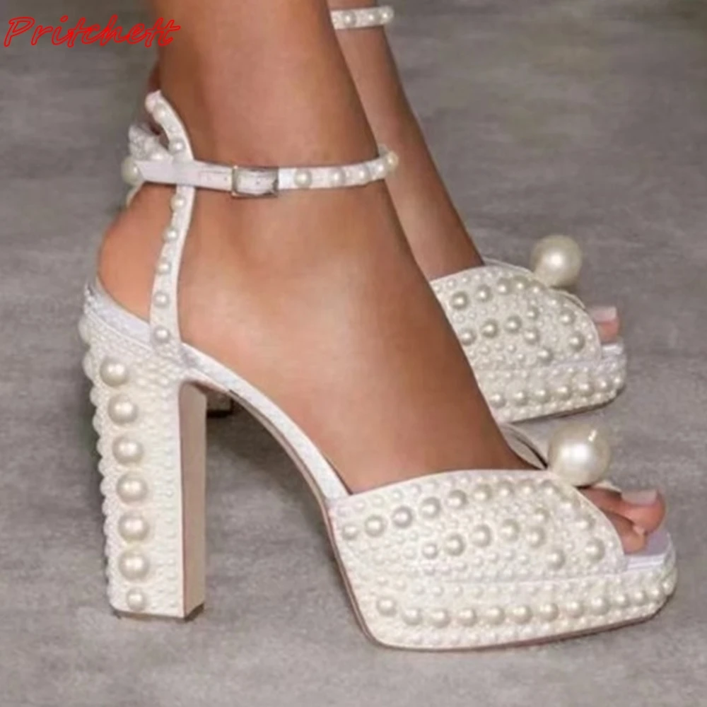 White Full Pearl Women Sandals One Word Belt Metal Buckle Chunky Heels Classic Elegant Party Wedding Summer Fashion Sandals