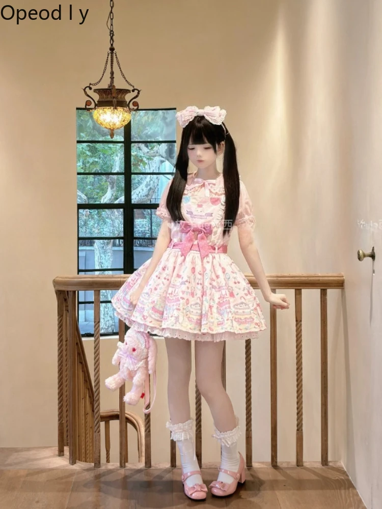 

Original Lolita Cute Cartoon Print Strap Dress Spring and Summer New Sweet Girl High Waist Princess Lo Short Dress