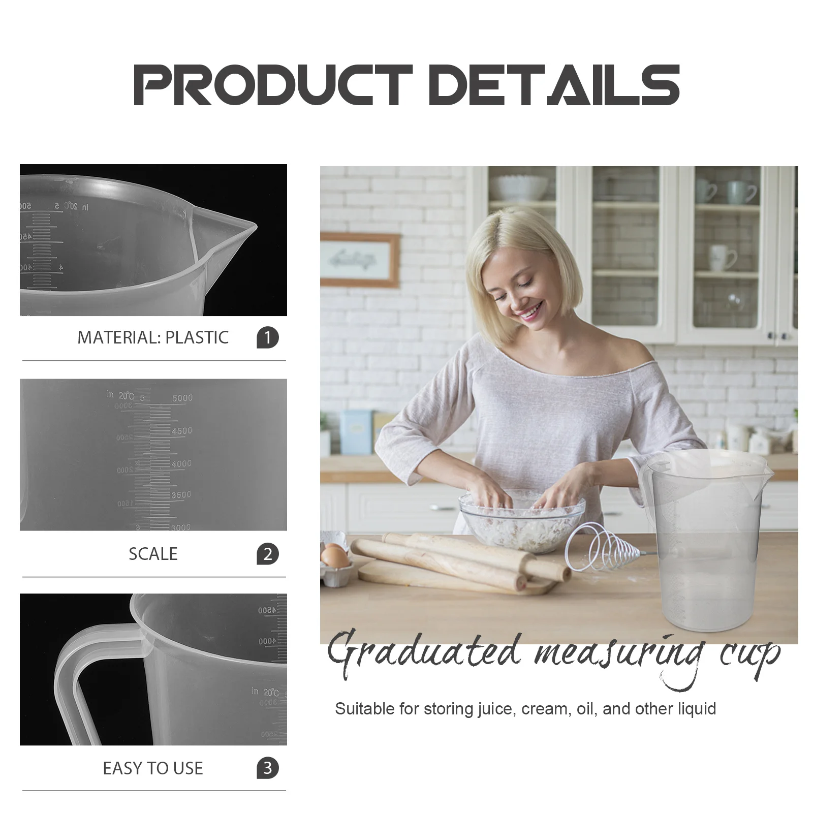

5000ml Measuring Jug Plastic Kitchen Tool Baking Cup with Lid Clear Graduated Container for Home Coffee Cake Recipes