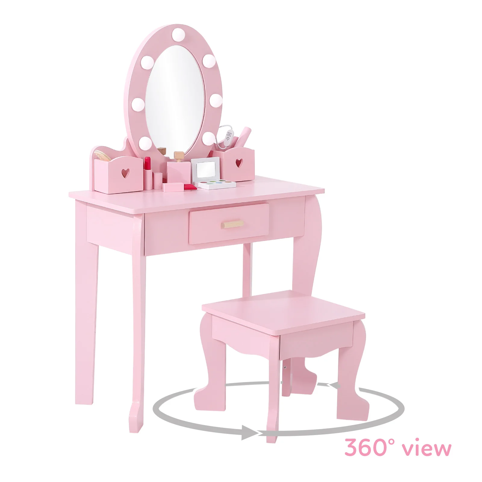 Girls' Vanity Table and Chair Set, Kids Makeup Dressing Table with Lights & Wood Makeup Playset, Kids Vanity Set with Mirror