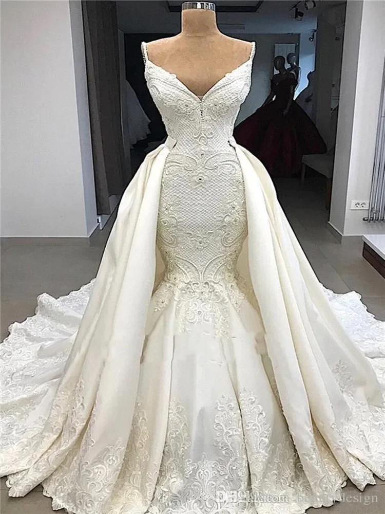Customized  Spaghetti Strap Lace Appliques Mermaid Wedding Dress 2025 Robe De Mariée Bridal Gown with Detachable Train