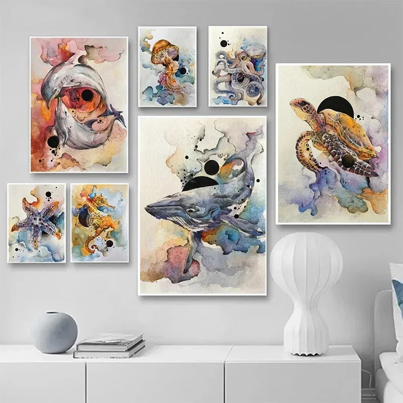 Whale Dolphin Octopus Sea Animal Monster Watercolor Painting Abstract Canvas Poster and Print Wall Art Nordic Picture Decor