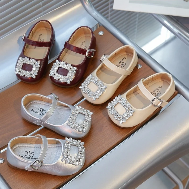 Girl Water DiamondPrincess LeatherShoe2026Four Seasons NewChild Softsoled SingleShoe Fashion Girl Anti SlipShoe Child BeanShoes