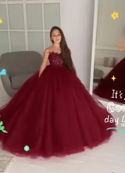 튤 꽃 소녀 드레스 레이스 아플리케 공주 대회 드레스 긴 첫 성찬식 드레스 파티 볼 가운 소녀 드레스