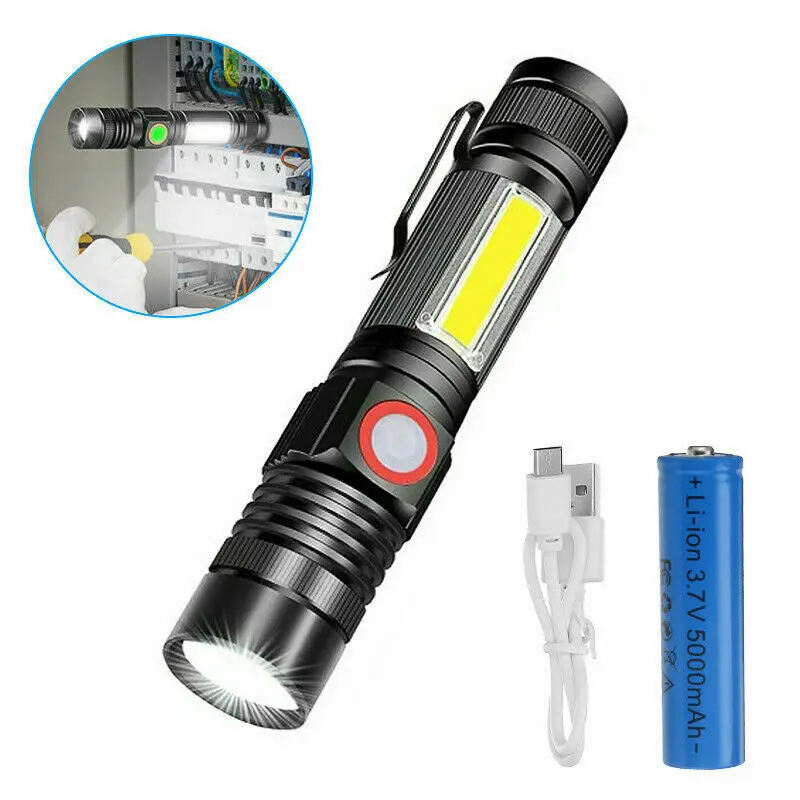 50000LM T6 + COB zoom LED flashlight USB rechargeable flashlight without magnetic base