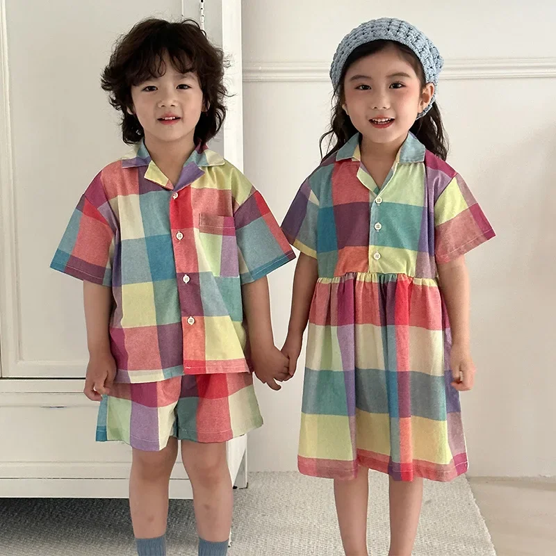 

Children's Clothes 2025 Summer New Baby Girl Dress Or Plaid Boy's Suit Brother And Sister Summer Clothes