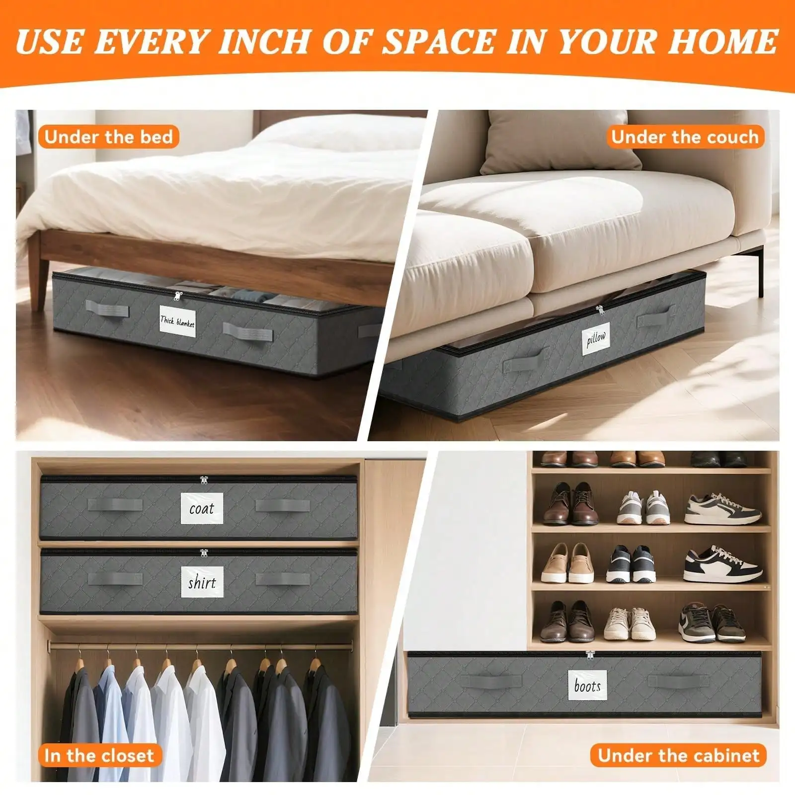 กล่องเก็บของใต้เตียง SpaceWhisper 8 ชิ้น ขนาด 90 ลิตร สีเทา - ฝาใสพับได้พร้อมช่องใส่ป้าย