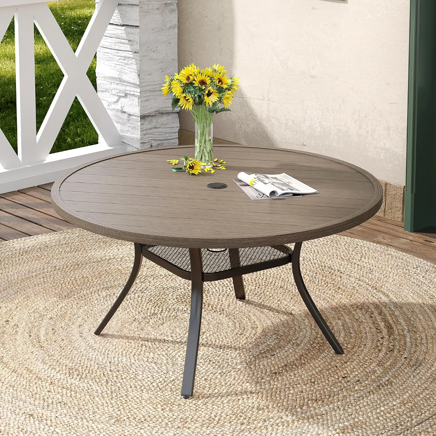 Patio Round 48 Inch Dining Table 6 Seater Outdoor Metal 157 Inch Umbrella Hole Backyard Lawn Garden Grey Wood Like