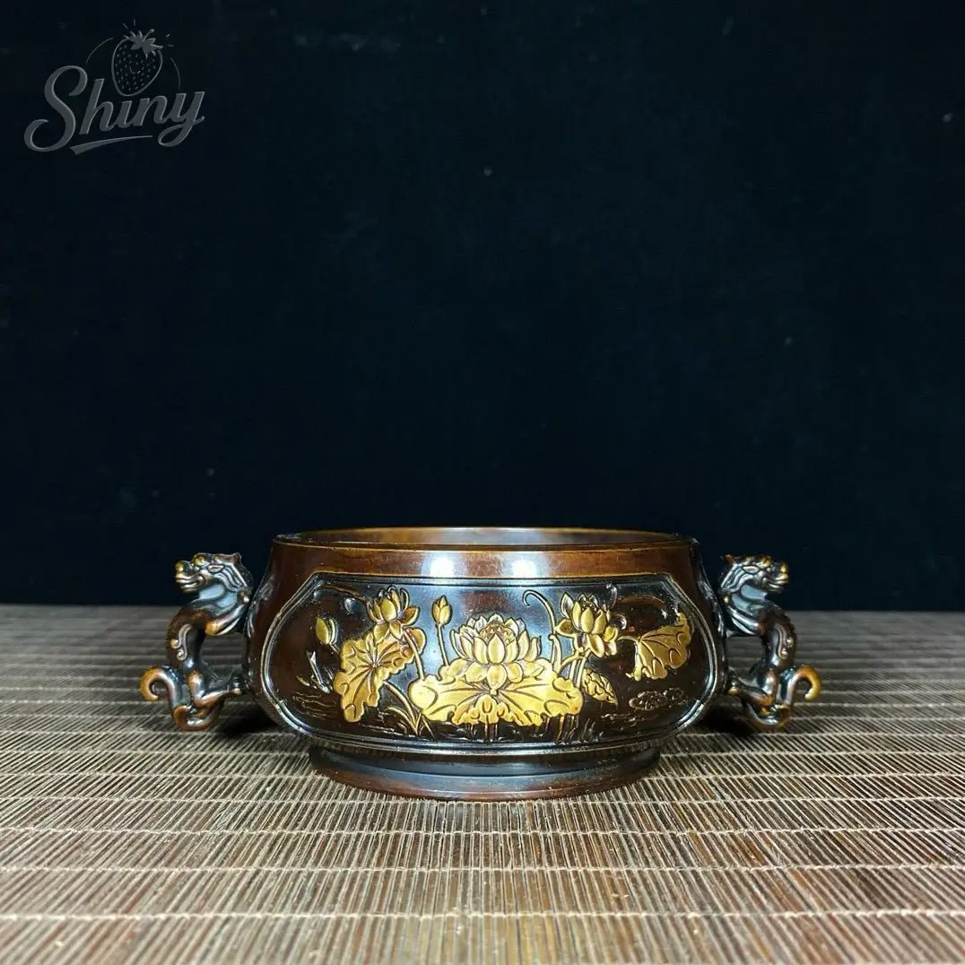 

Antique Copper Incense Burner Xuande Stove Incinerator Double-eared Beast Dragon Sculpture Home Decorations