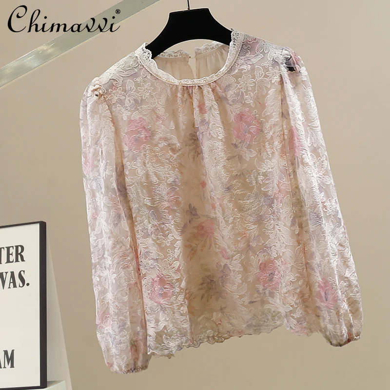 

Осенняя одежда 2024, новая корейская модная шифоновая блузка с тяжелым бисером и цветочным принтом, свободная элегантная женская рубашка с длинными рукавами, топы