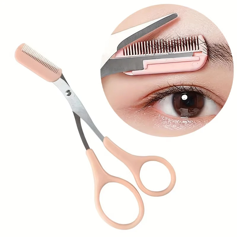 Forbici per tagliare le sopracciglia rosa con pettine incorporato Strumento per toelettatura preciso in acciaio inossidabile per accessori di bellezza per il trucco delle donne