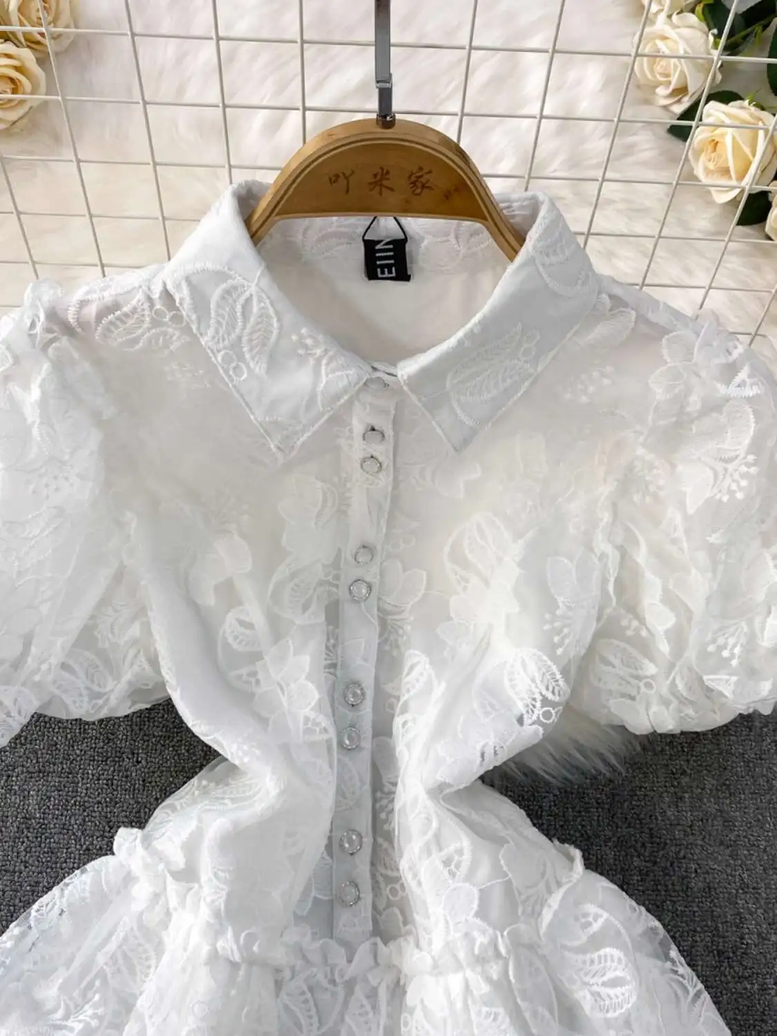 เย็บปักถักร้อยชุดสั้นผู้หญิงฤดูร้อนเดี่ยวเกาหลีสไตล์แขนฟองชุดเจ้าหญิงหวานพรรค Vestidos