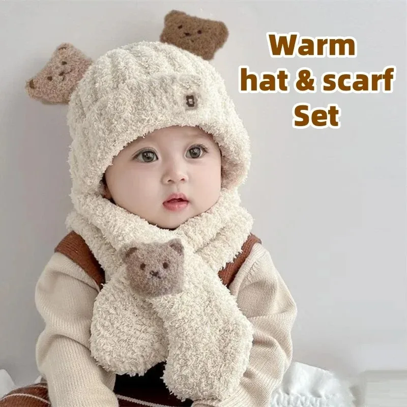 1-10PCS Baby Hat Scarf for Girls Boys Winter Warm Set Cartoon Bear Cold-proof Clothing for Kids Cap Scarf