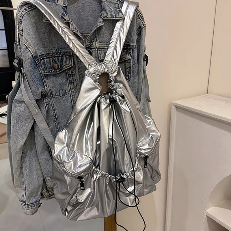

HAEX Y2K Silver Women Backpacks Large Capacity Waterproof Nylon Mochilas Para Mujer Individuality Drawstring Light Bag Female
