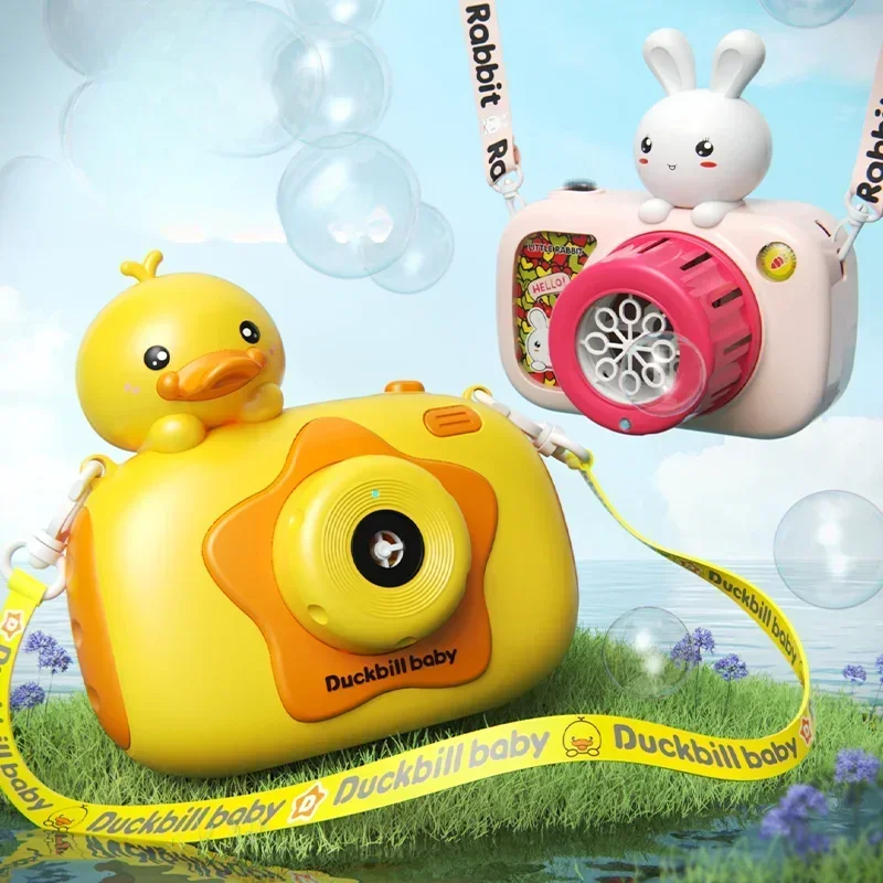 Children Portable Bubble Camera Cute Cartoon Duck Rabbit Automatic Bubble Machines with Lights and Music Outdoor Toys for Kids