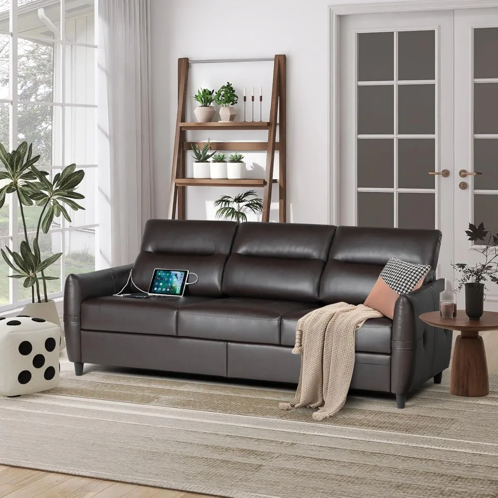 Brown 3-seater sofa, modern leather sofa with USB, small space sofa in the living room, stain resistant and 3 tufted cushions