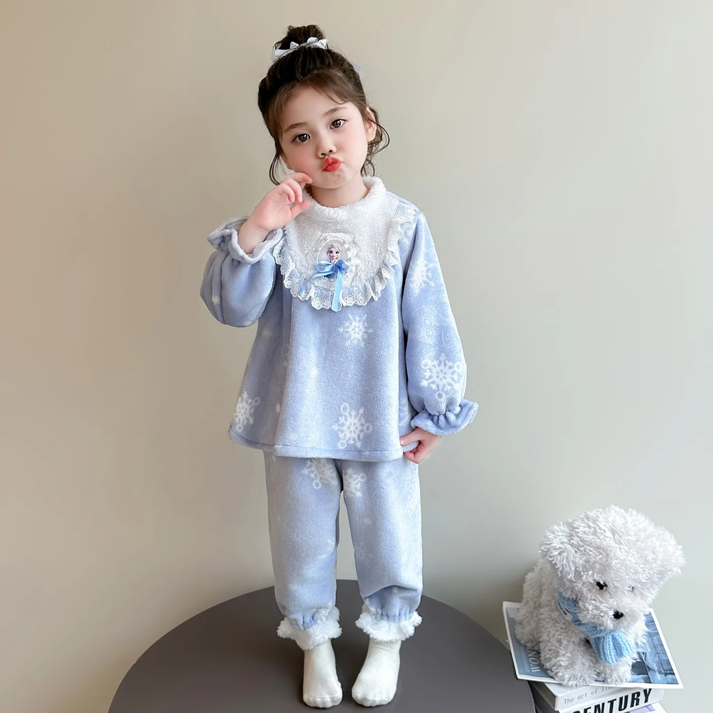 

Girls' Pajamas Two-piece Set Winter New Princess Elsa Sweet Flannel Warm Pullover Thicken Casual Loose Elastic Waist Pants