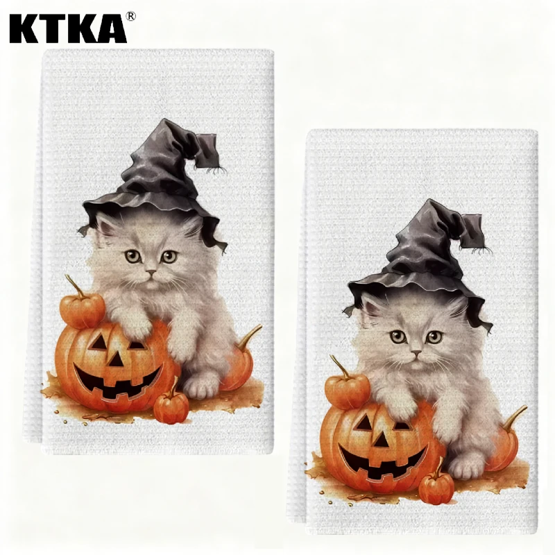 2Pcs Halloween Cat Pumpkin Kitchen Towels Absorbent Cleaning Cloth Winter Home Goods Christmas Gift Home Decor
