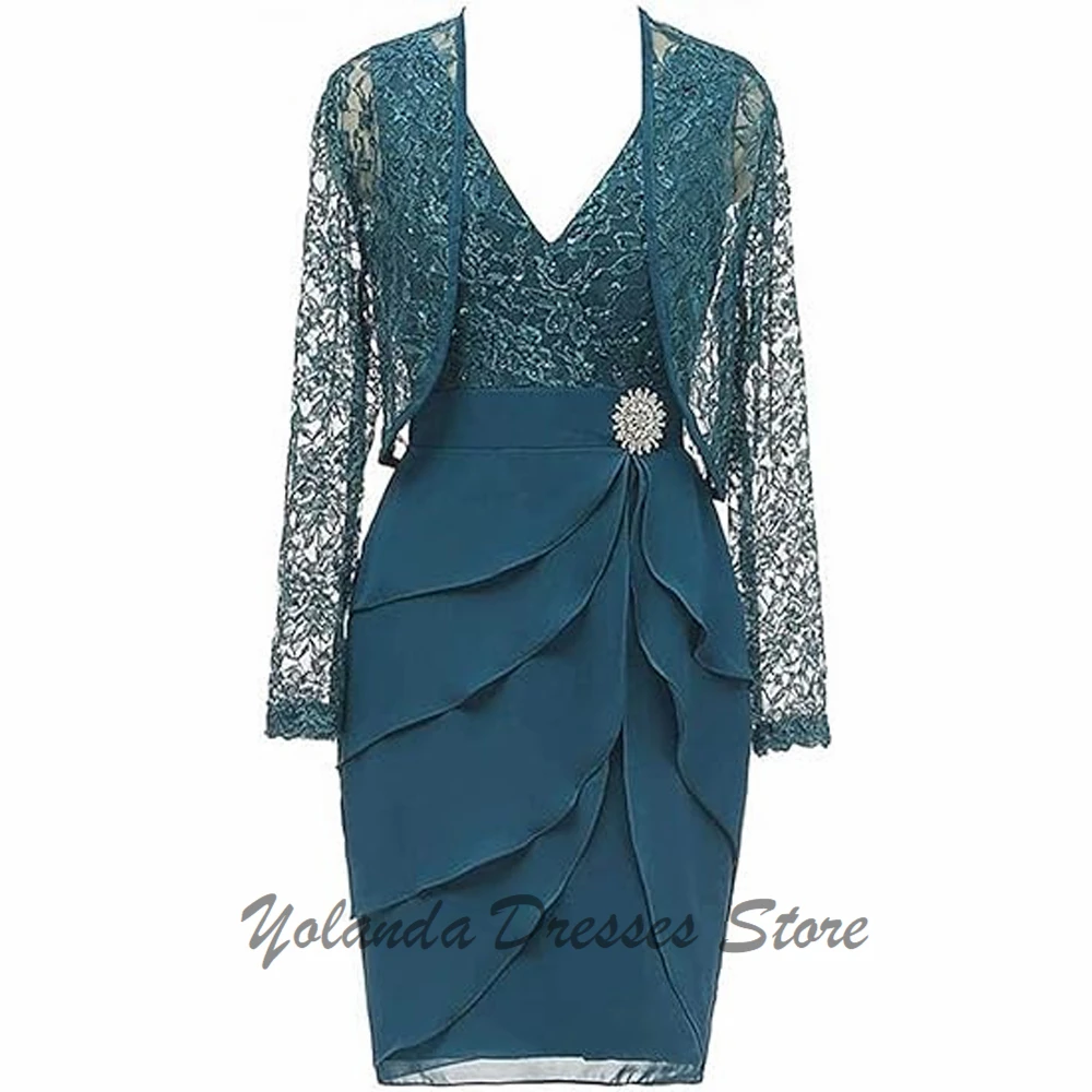 

Customized Deep V Neck Mother of The Bride Dresses Sequined Lace Formal Evening Gown Above Knee Wedding Guest Dress Illusion 2 P