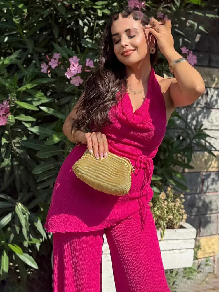 HH, moda de verano, trajes de pantalón para mujer, liso, sin mangas, sin espalda, decoración con cordones + Pantalones largos de cintura alta, conjuntos informales para mujer