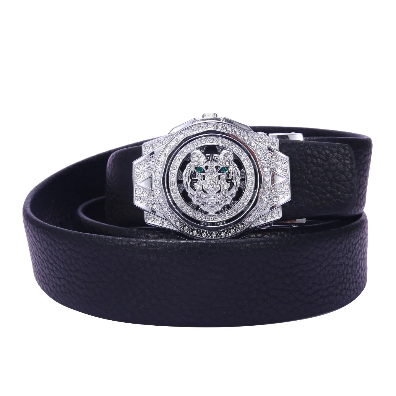 Men's Pu Leather Belt, Rotatable Tiger Head Diamond-Encrusted Automatic Buckle Belt, Fashion Luxury Business Casual Waist Strap