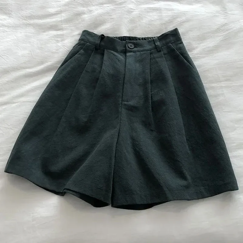 2025 Summer Thin Linen High Waist Shorts Korean Loose Classic Solid Short Pants Women Casual Baggy Wide Leg Pantalones Cortos